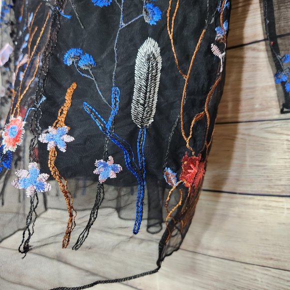 Sorrento Navy Blue Floral Embroidered Blouse Sheer Sleeves Women's Medium - Picture 13 of 13